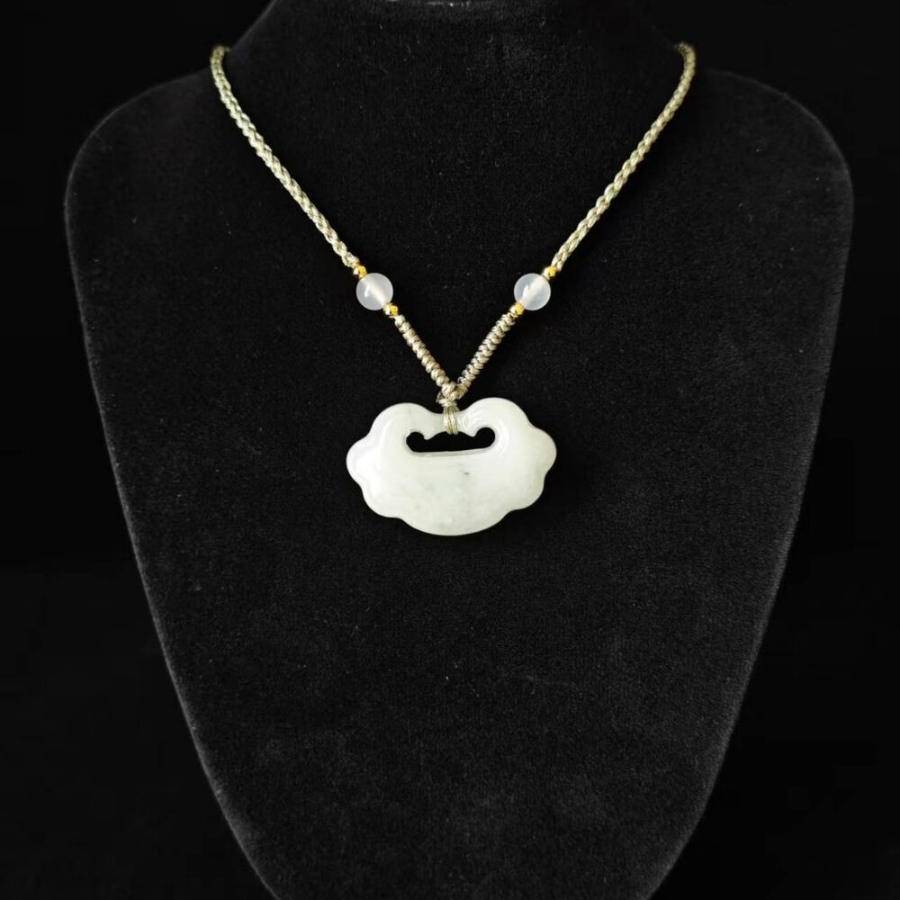 Hand-Carved Icy Jade Peace Lock Pendant: Auspicious Gemstone Necklace Charm